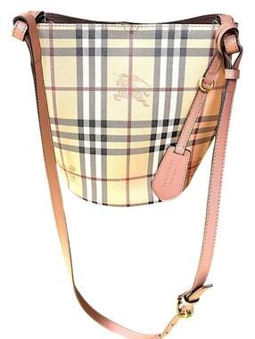 Burberry Haymarket Check Lorne Bucket Bag Pink Leather Trim Nova Check Crossbody